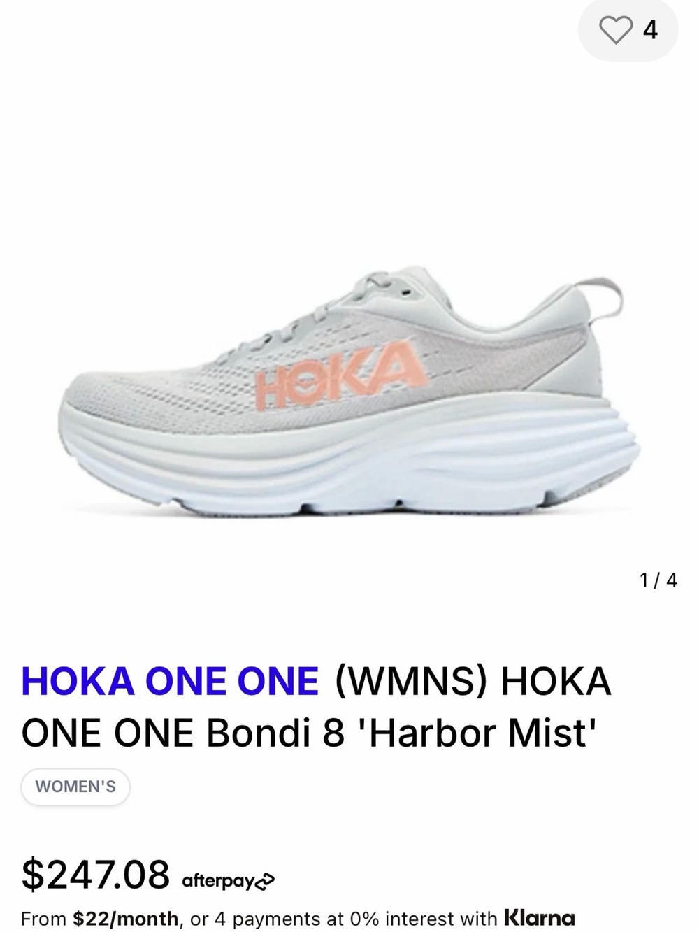 Hoka One One Women's Bondi 8 in Light Gray with Peach Logo